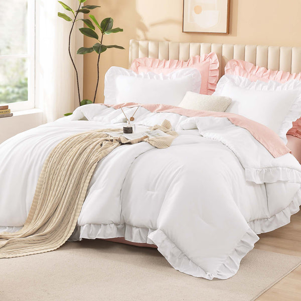 Litanika ruffle fluffy comforter set with lightweight, soft bedding and matching pillow shams in a cozy bedroom setting.