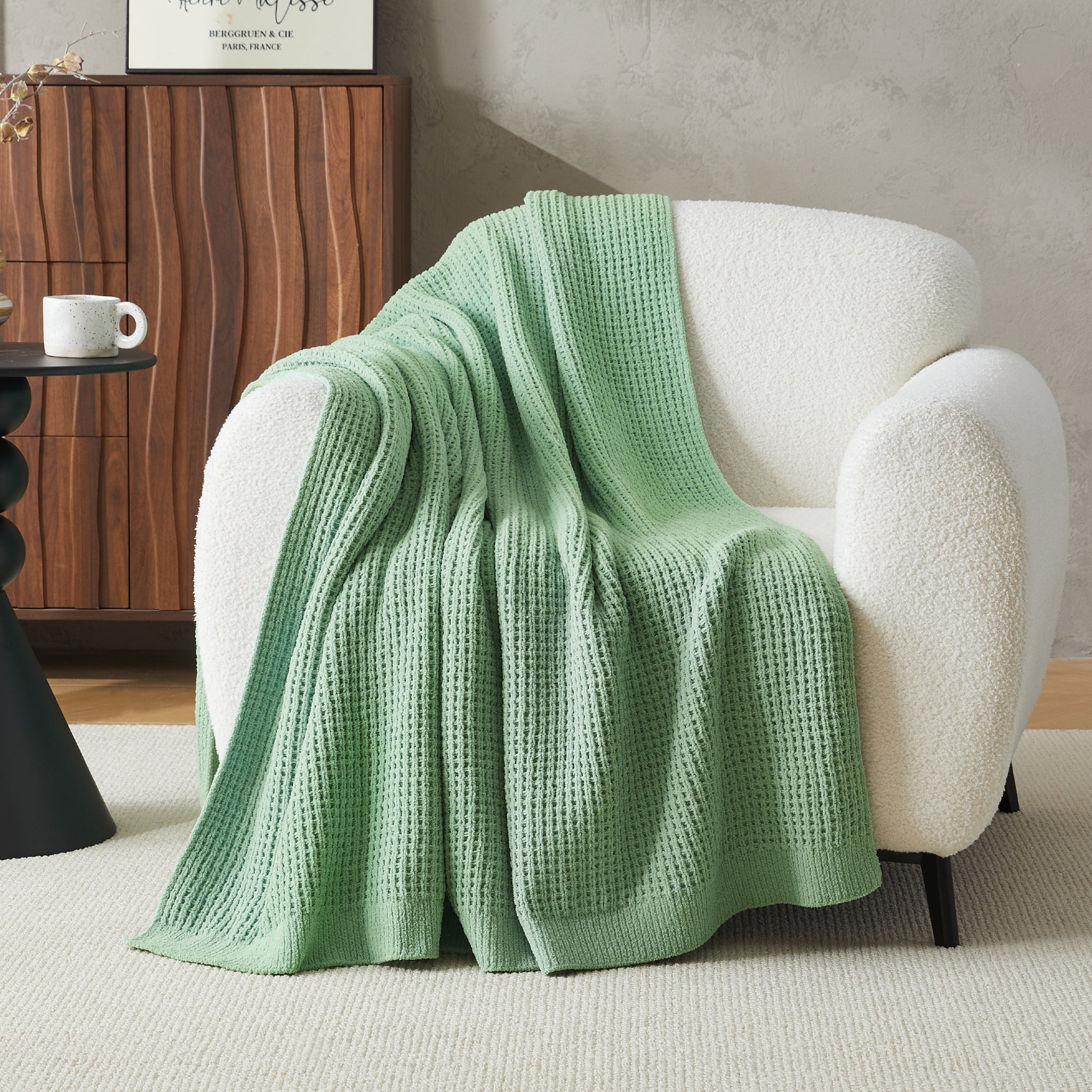 Litanika chenille knit waffle throw blanket in beige, showcasing soft, textured bedding with a cozy, woven pattern.