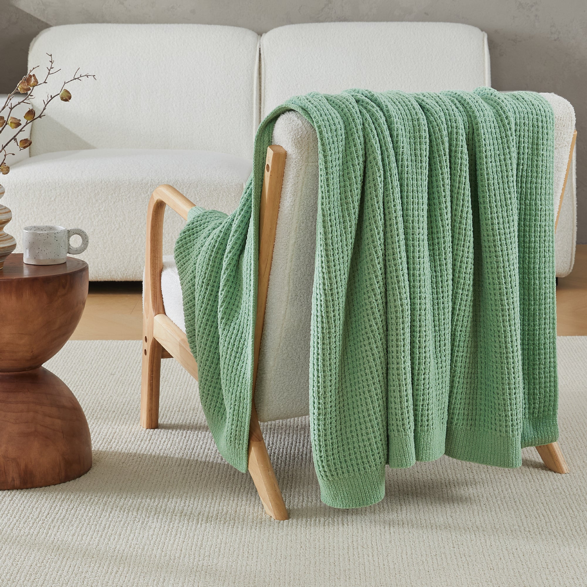 Litanika chenille knit waffle throw blanket in soft, cozy bedding with textured waffle pattern and plush chenille fabric.