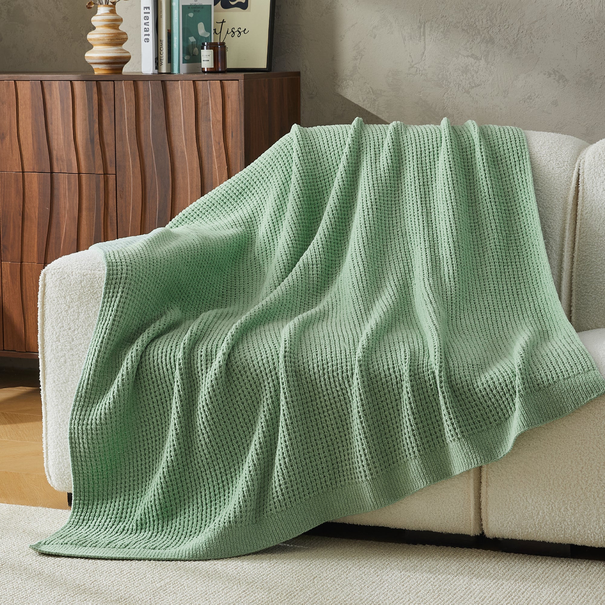 Litanika chenille knit waffle throw blanket in soft, textured bedding with a cozy, waffle pattern for warm comfort.
