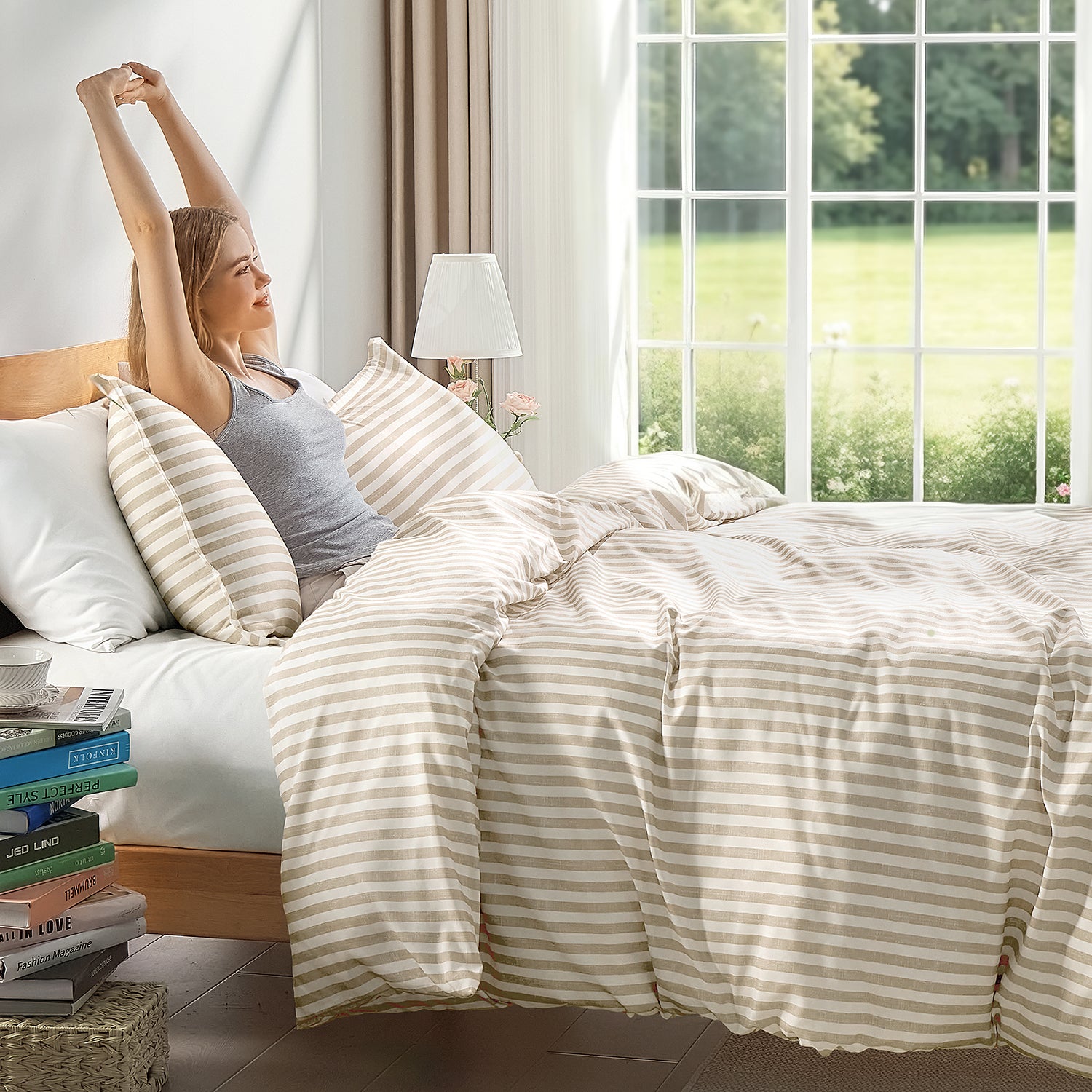 Striped Queen Size Duvet Cover Set - Narrow Stripe Navy 3-Piece Duvet Cover Set