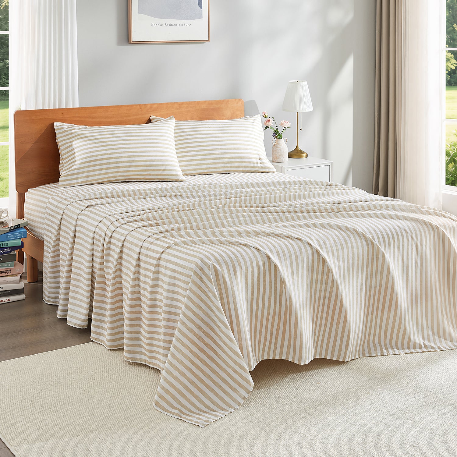 Litanika Striped Queen Size Sheet Set-Deep Pocket Fitted Sheet, Soft, Breathable, Wrinkle & Fade Resistant - 4 Piece