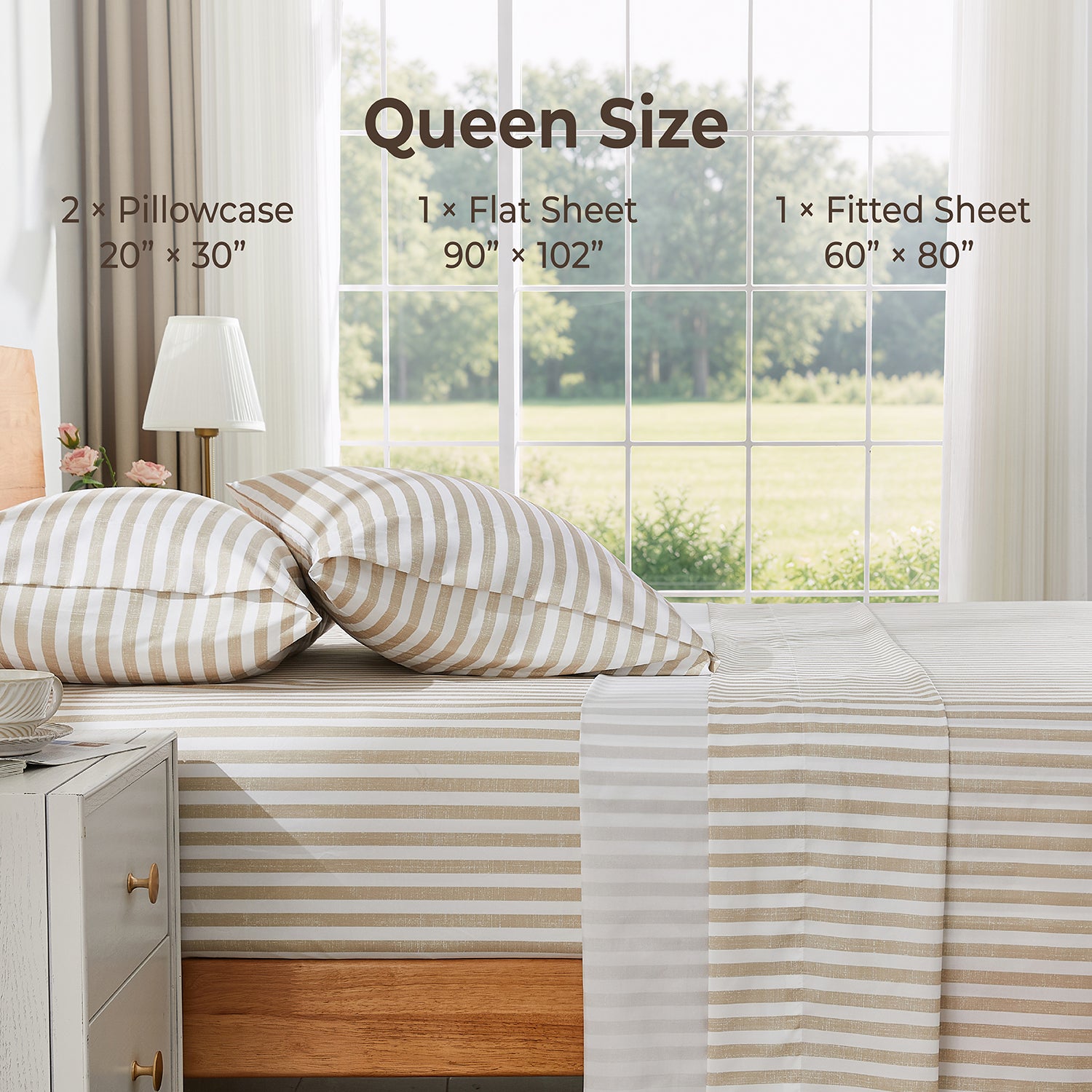 Litanika Striped Queen Size Sheet Set-Deep Pocket Fitted Sheet, Soft, Breathable, Wrinkle & Fade Resistant - 4 Piece