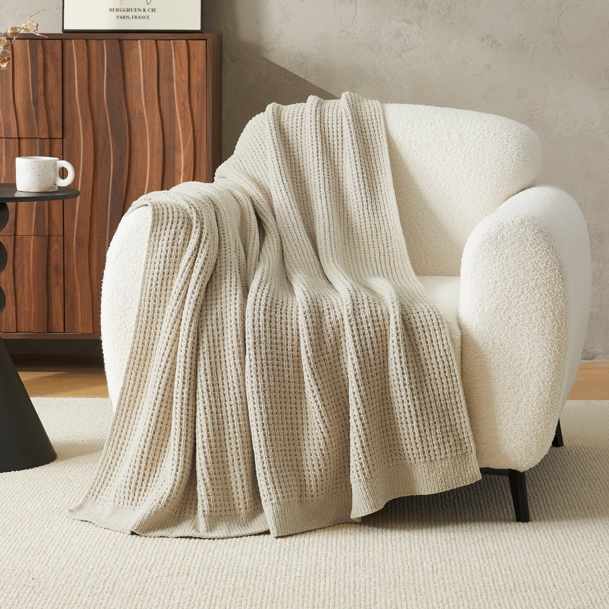 Litanika chenille knit waffle throw blanket in soft bedding with textured, cozy waffle pattern and warm chenille material.