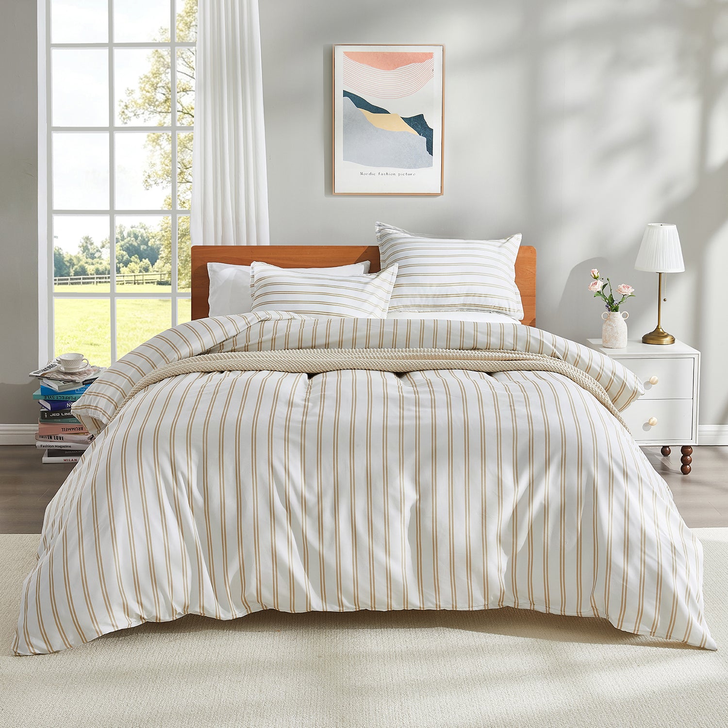 Striped Queen Size Duvet Cover Set - Narrow Stripe Navy 3-Piece Duvet Cover Set