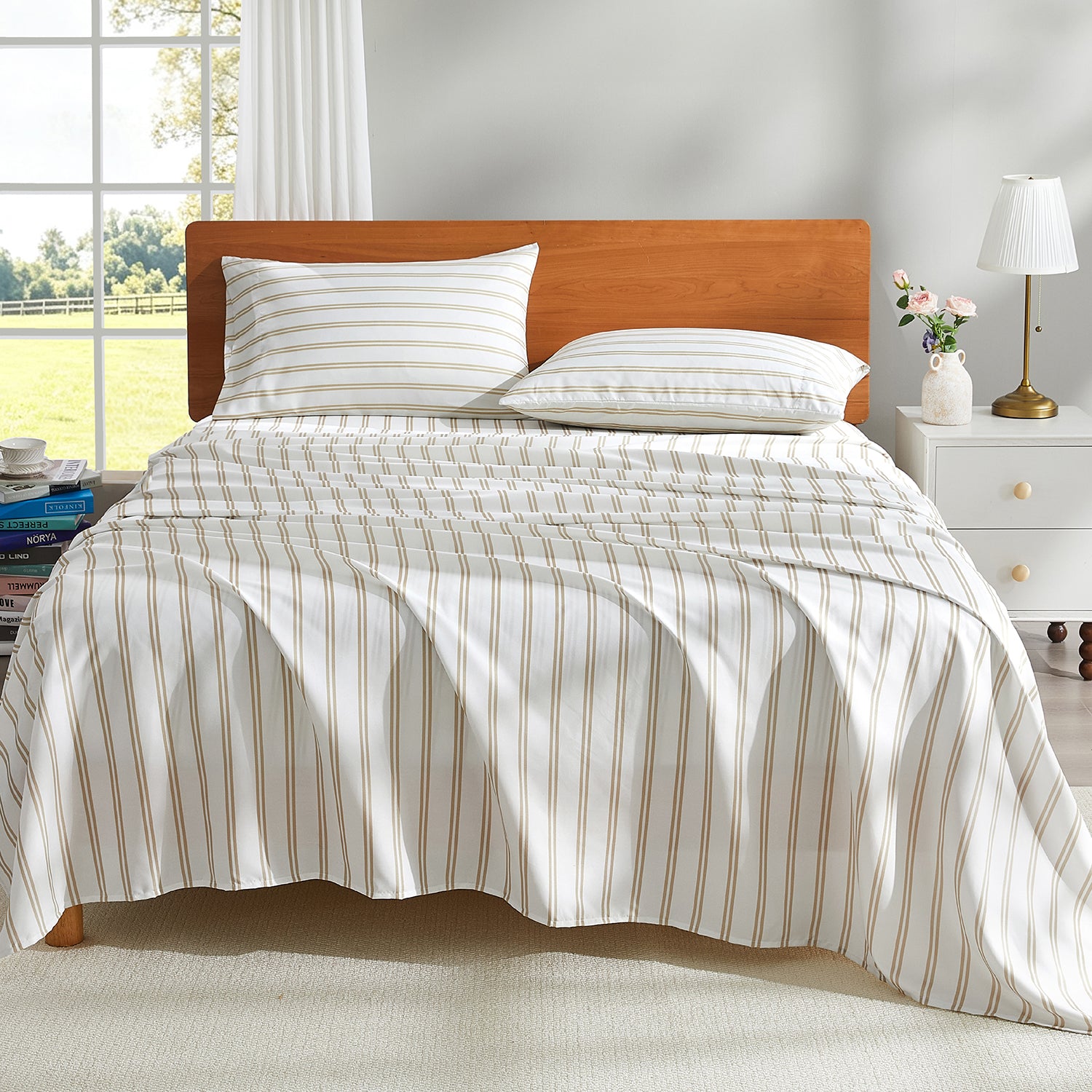 Litanika Striped Queen Size Sheet Set-Deep Pocket Fitted Sheet, Soft, Breathable, Wrinkle & Fade Resistant - 4 Piece