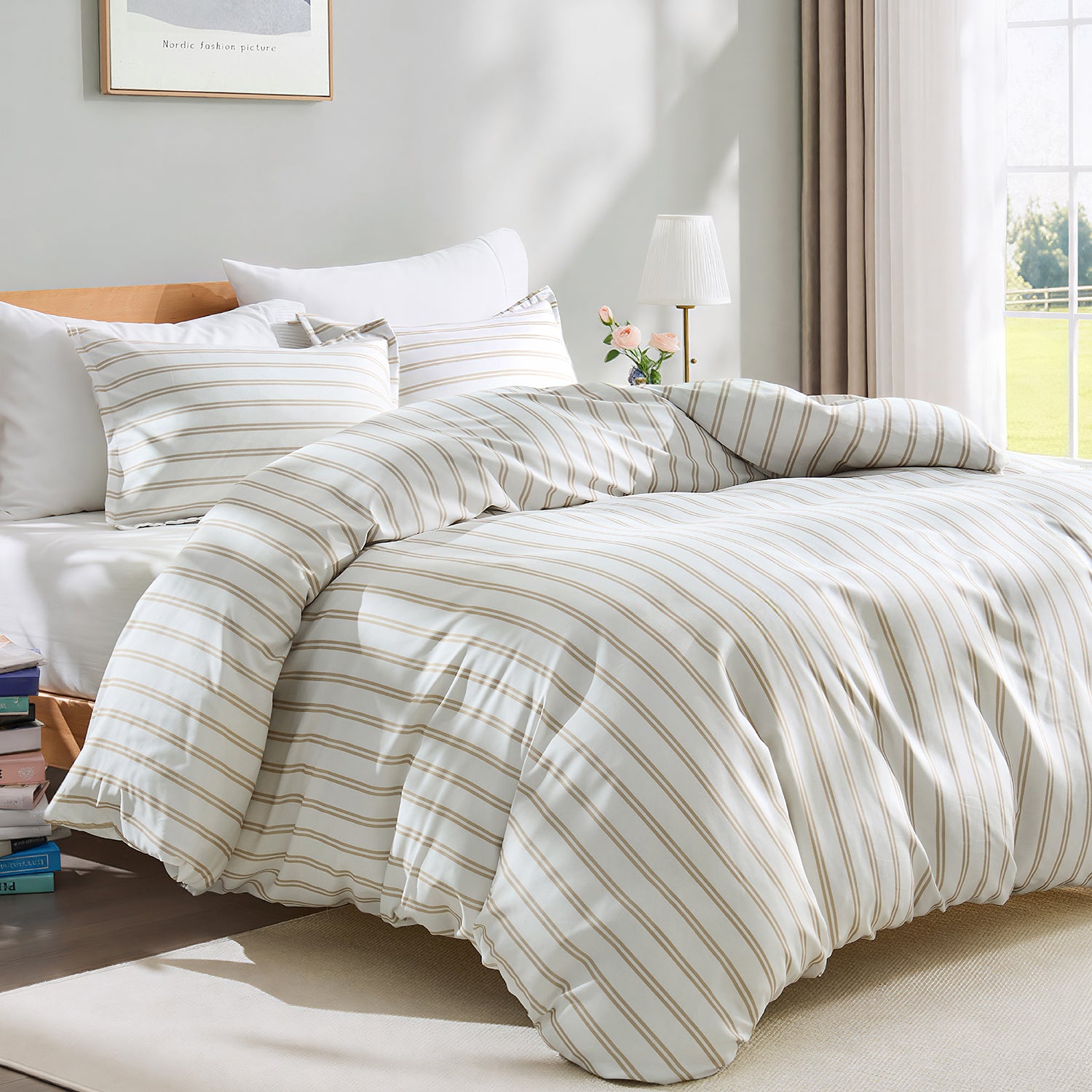 Striped Queen Size Duvet Cover Set - Narrow Stripe Navy 3-Piece Duvet Cover Set