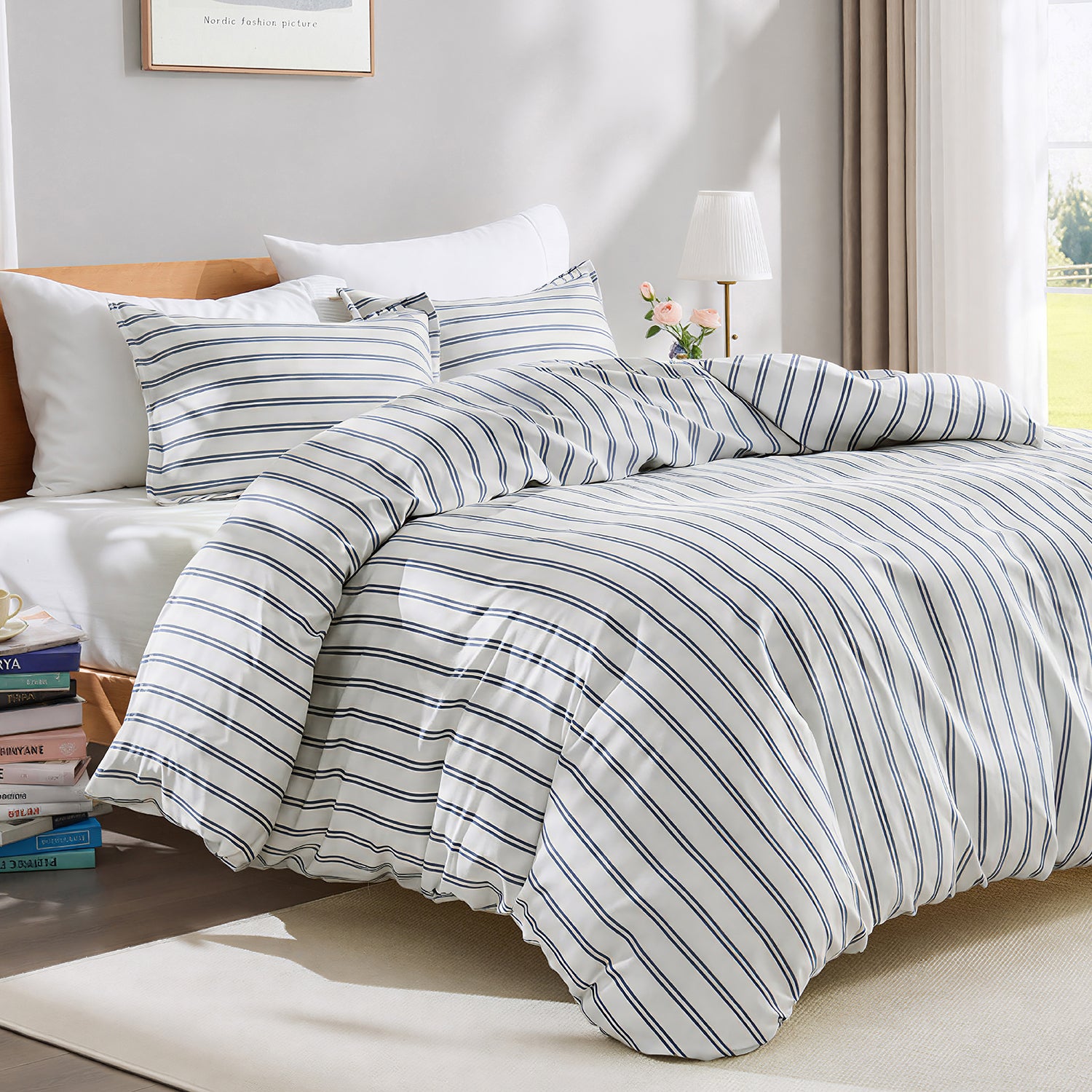 Striped Queen Size Duvet Cover Set - Narrow Stripe Navy 3-Piece Duvet Cover Set