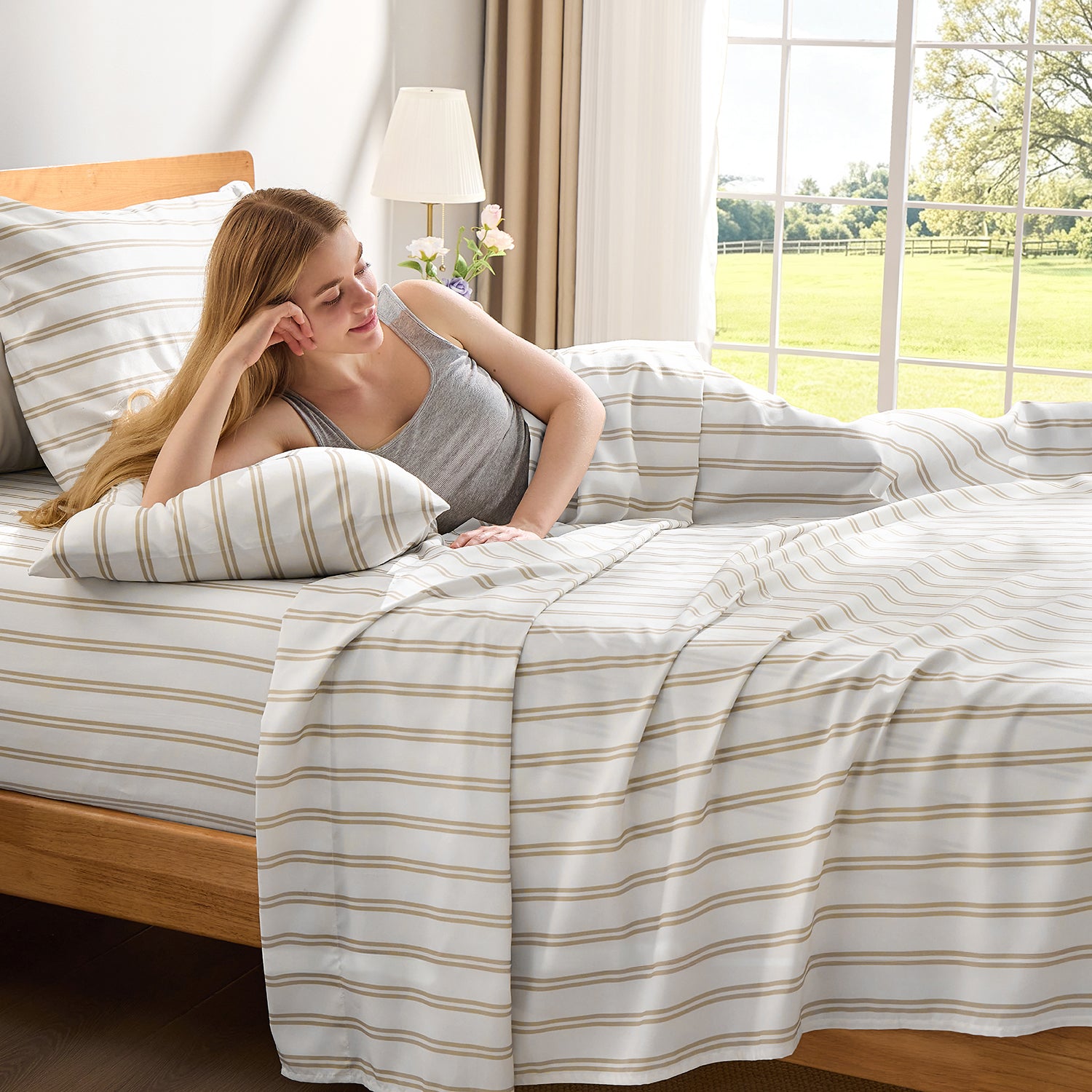 Litanika Striped Queen Size Sheet Set-Deep Pocket Fitted Sheet, Soft, Breathable, Wrinkle & Fade Resistant - 4 Piece