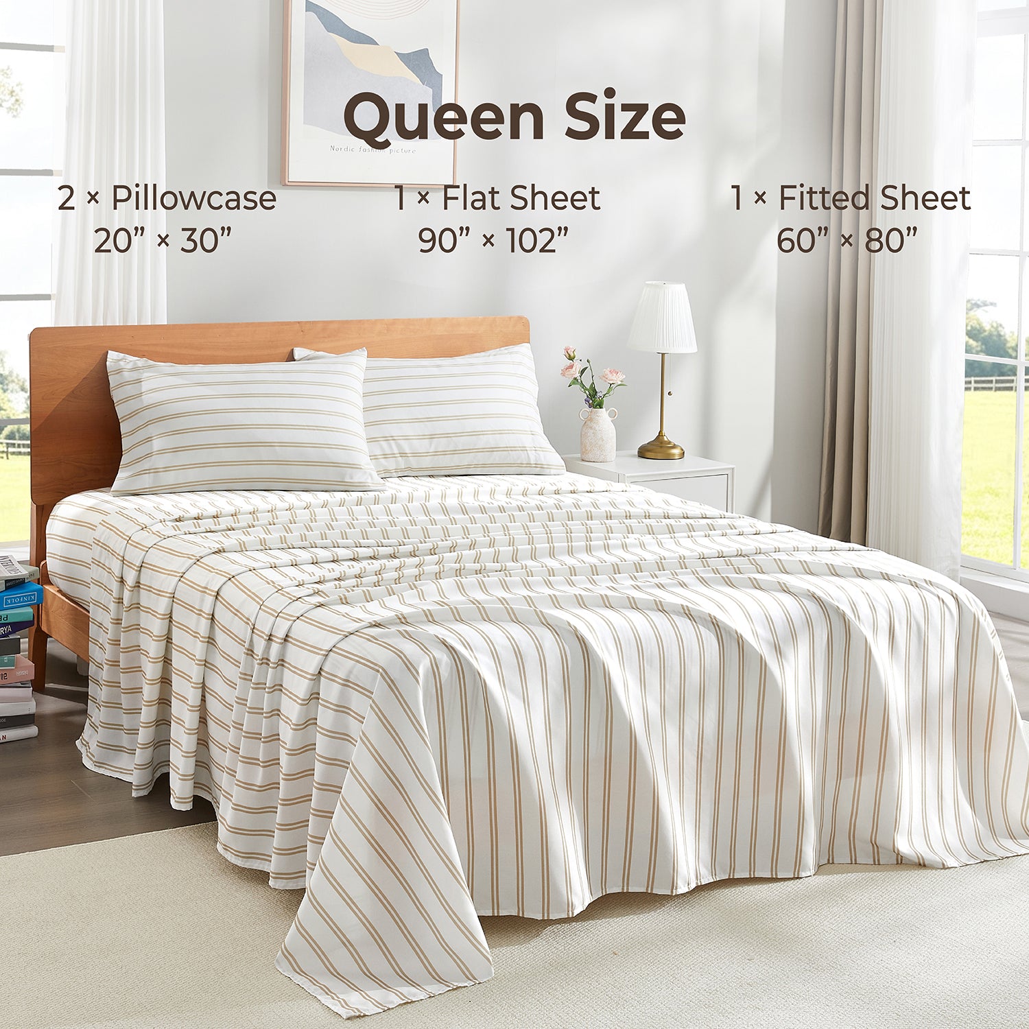 Litanika Striped Queen Size Sheet Set-Deep Pocket Fitted Sheet, Soft, Breathable, Wrinkle & Fade Resistant - 4 Piece