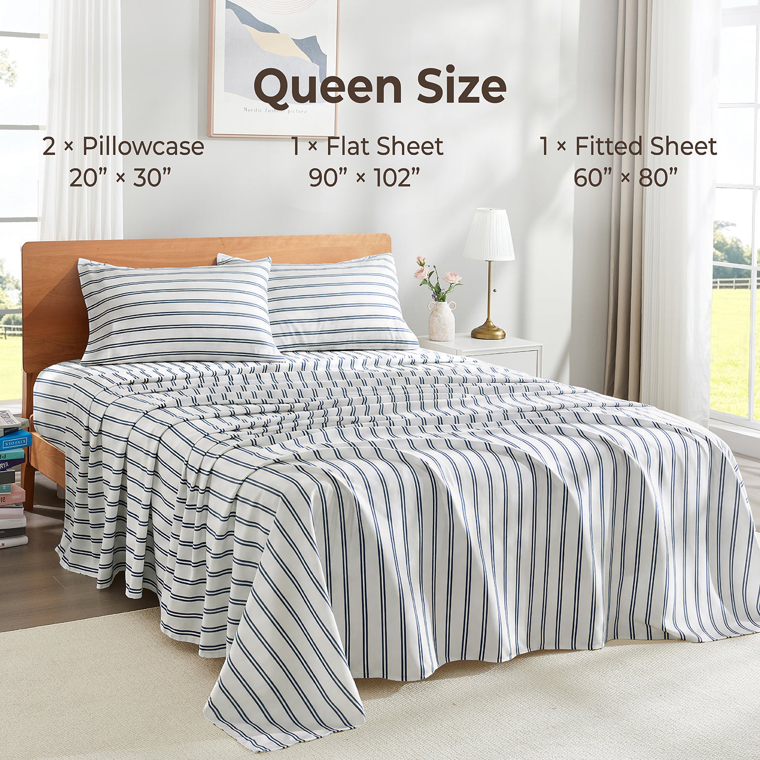 Litanika Striped Queen Size Sheet Set-Deep Pocket Fitted Sheet, Soft, Breathable, Wrinkle & Fade Resistant - 4 Piece