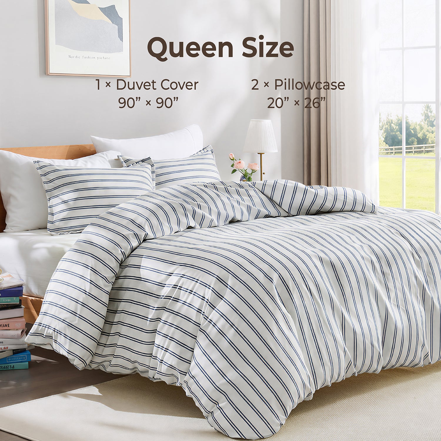Striped Queen Size Duvet Cover Set - Narrow Stripe Navy 3-Piece Duvet Cover Set