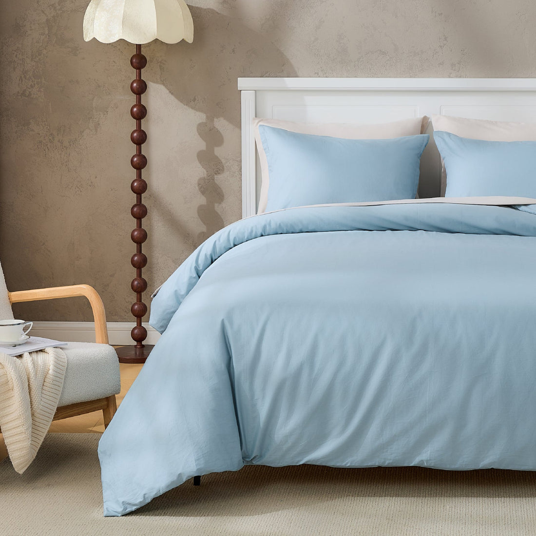 Litanika 100% cotton percale duvet cover set in crisp white bedding with a smooth, breathable fabric for comfortable sleep.