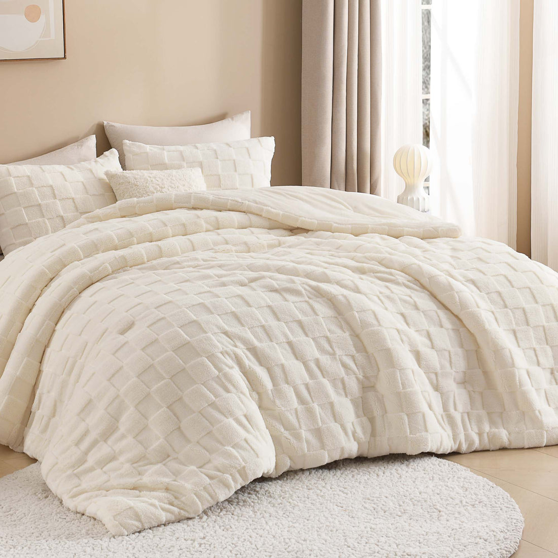 Litanika Winter Fluffy Warm Sherpa Fleece Checkered Plush Fuzzy 3 Pieces Comforter Set
