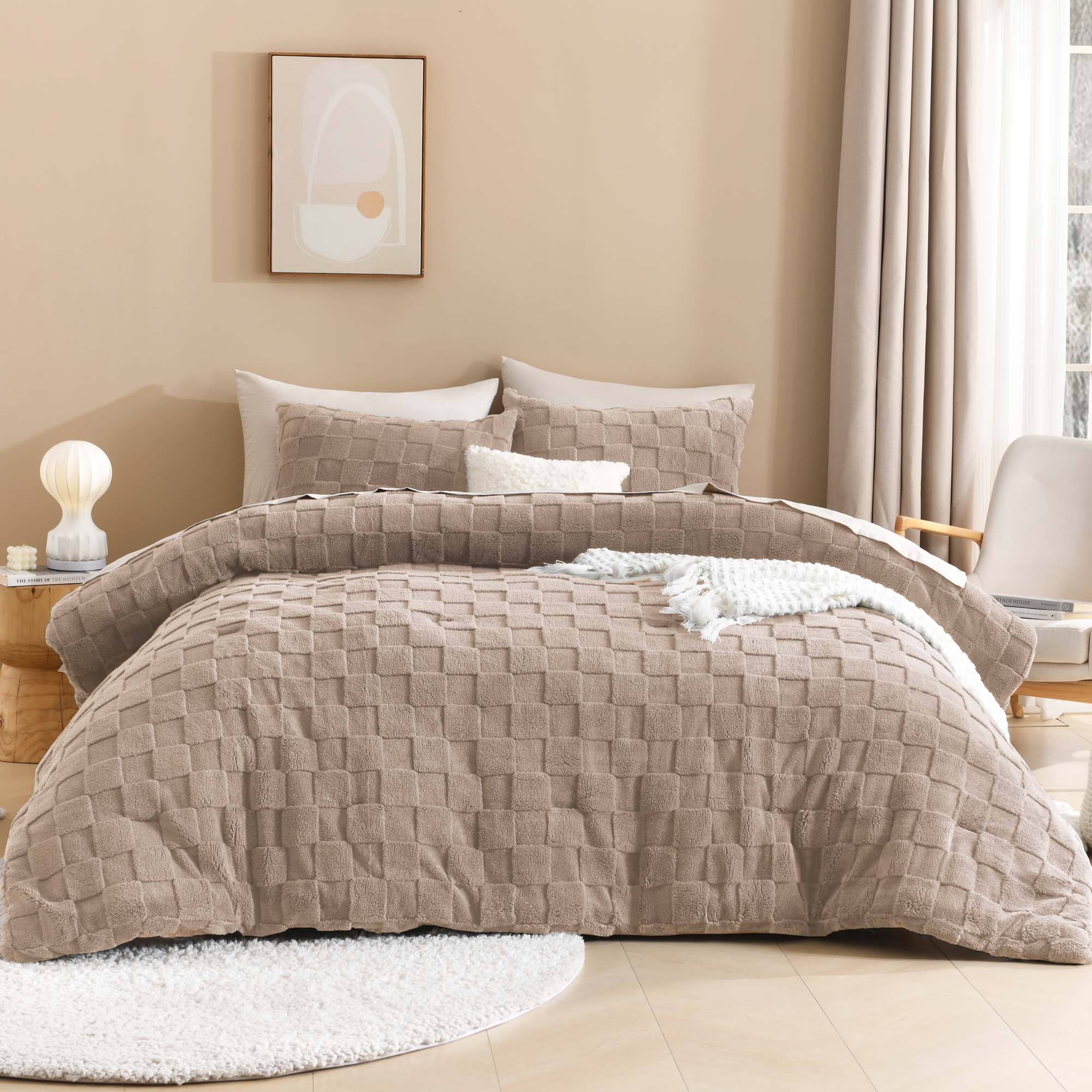 Winter Fluffy Warm Sherpa Fleece Checkered Plush Fuzzy 3 Pieces Comforter Set