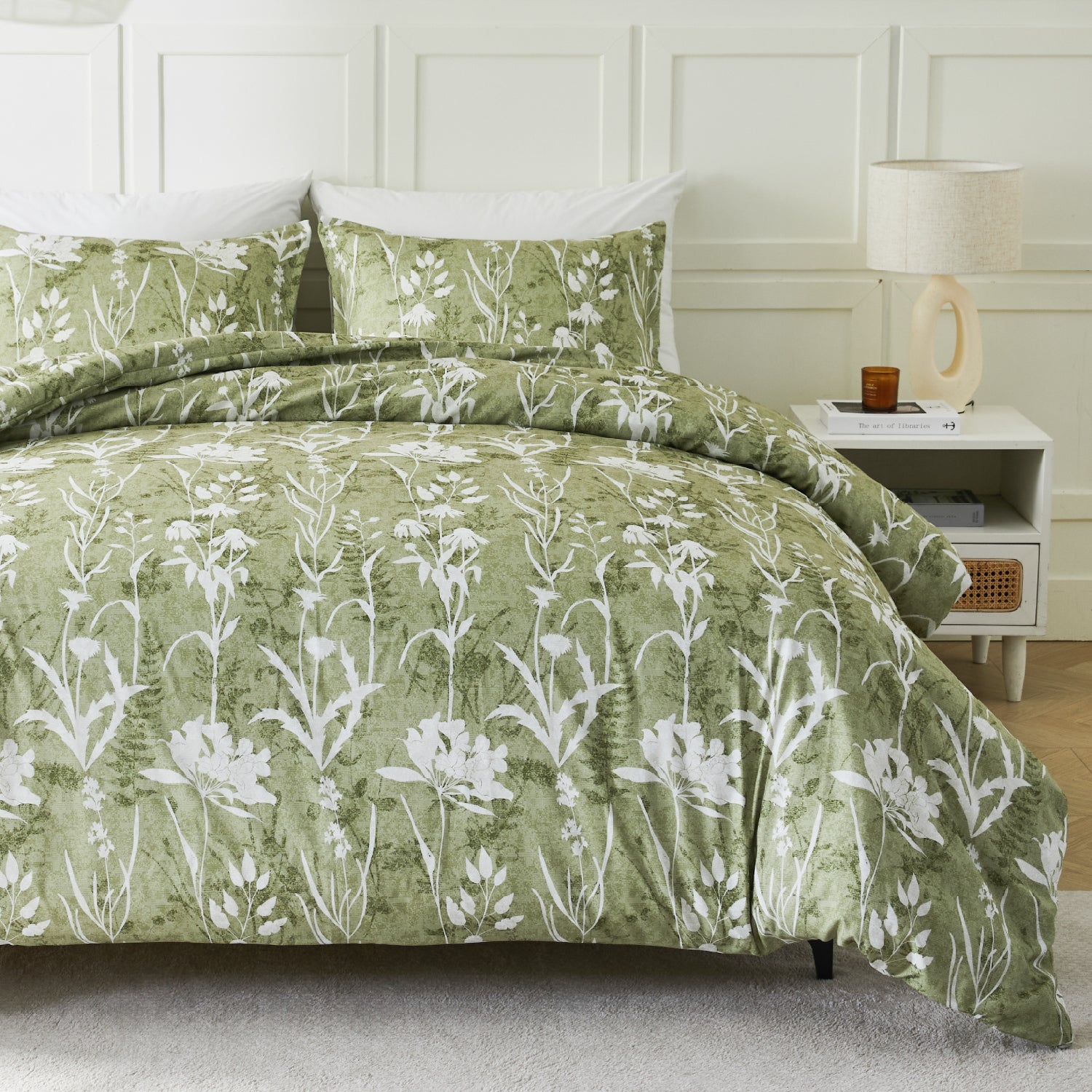 Botanical Floral 3-Piece Duvet Cover Set-Green & Grey
