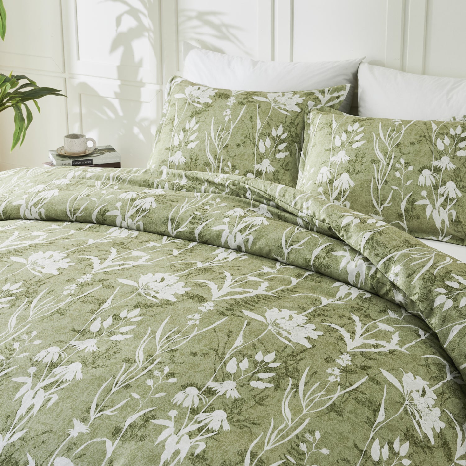 Botanical Floral 3-Piece Duvet Cover Set-Green & Grey