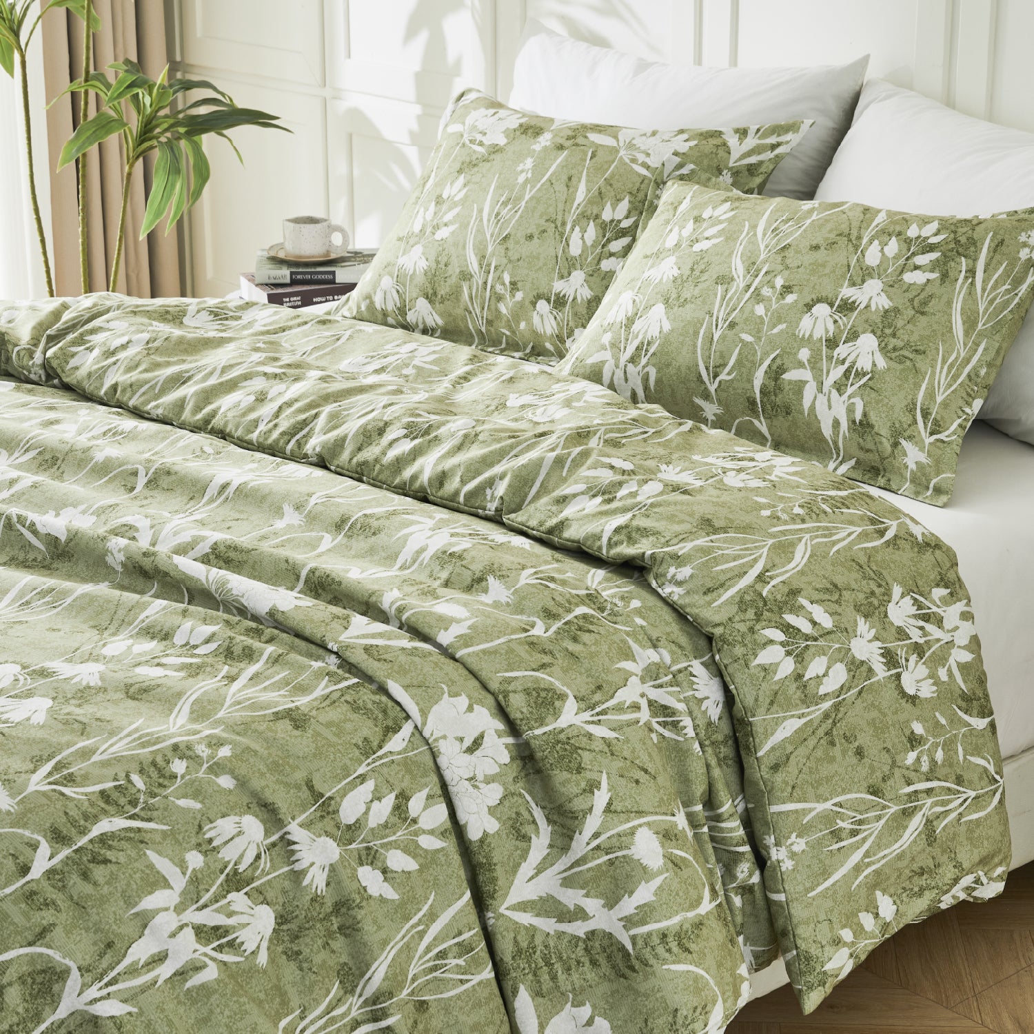 Botanical Floral 3-Piece Duvet Cover Set-Green & Grey