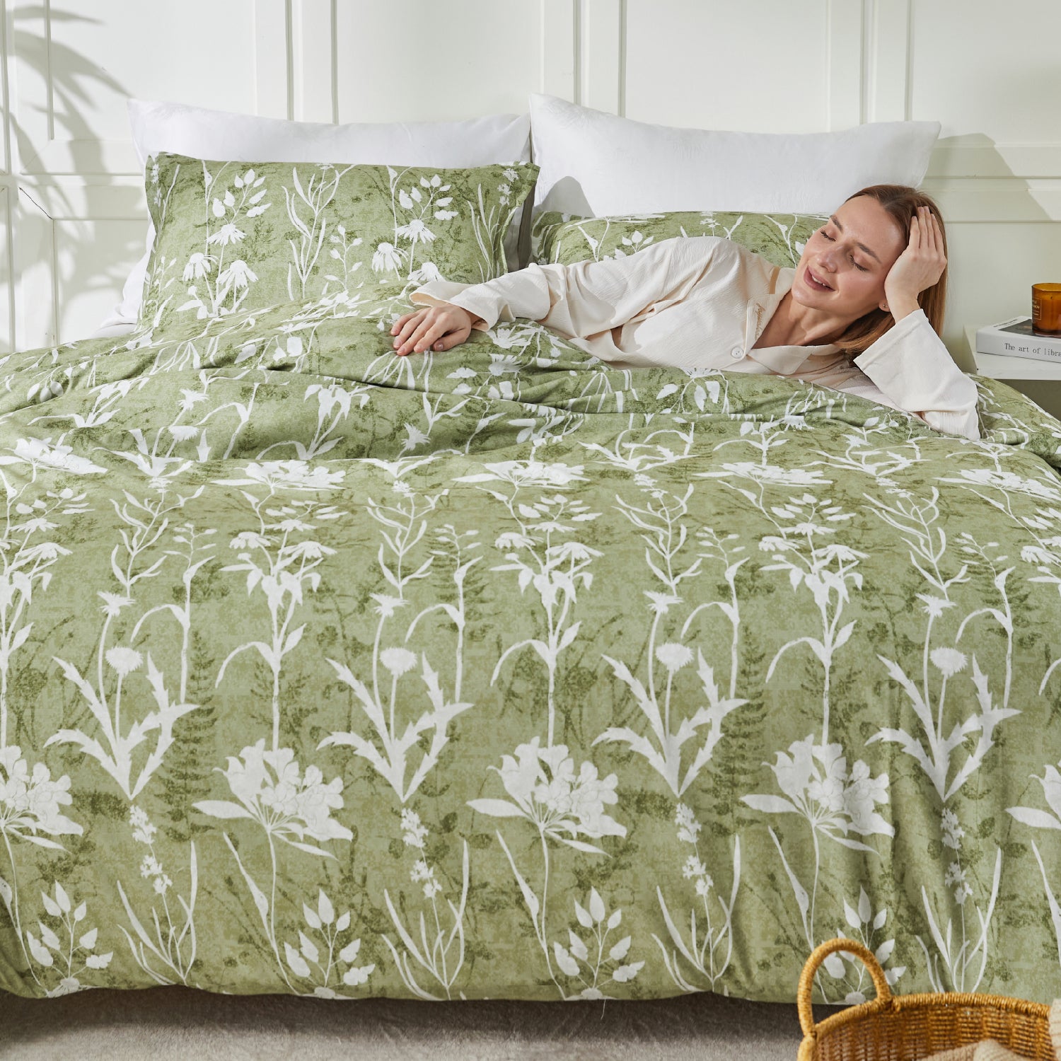 Botanical Floral 3-Piece Duvet Cover Set-Green & Grey