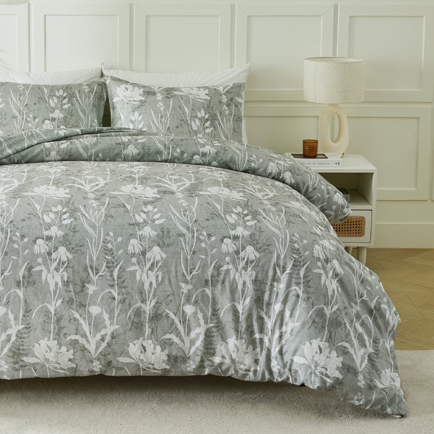 Botanical Floral 3-Piece Duvet Cover Set-Green & Grey
