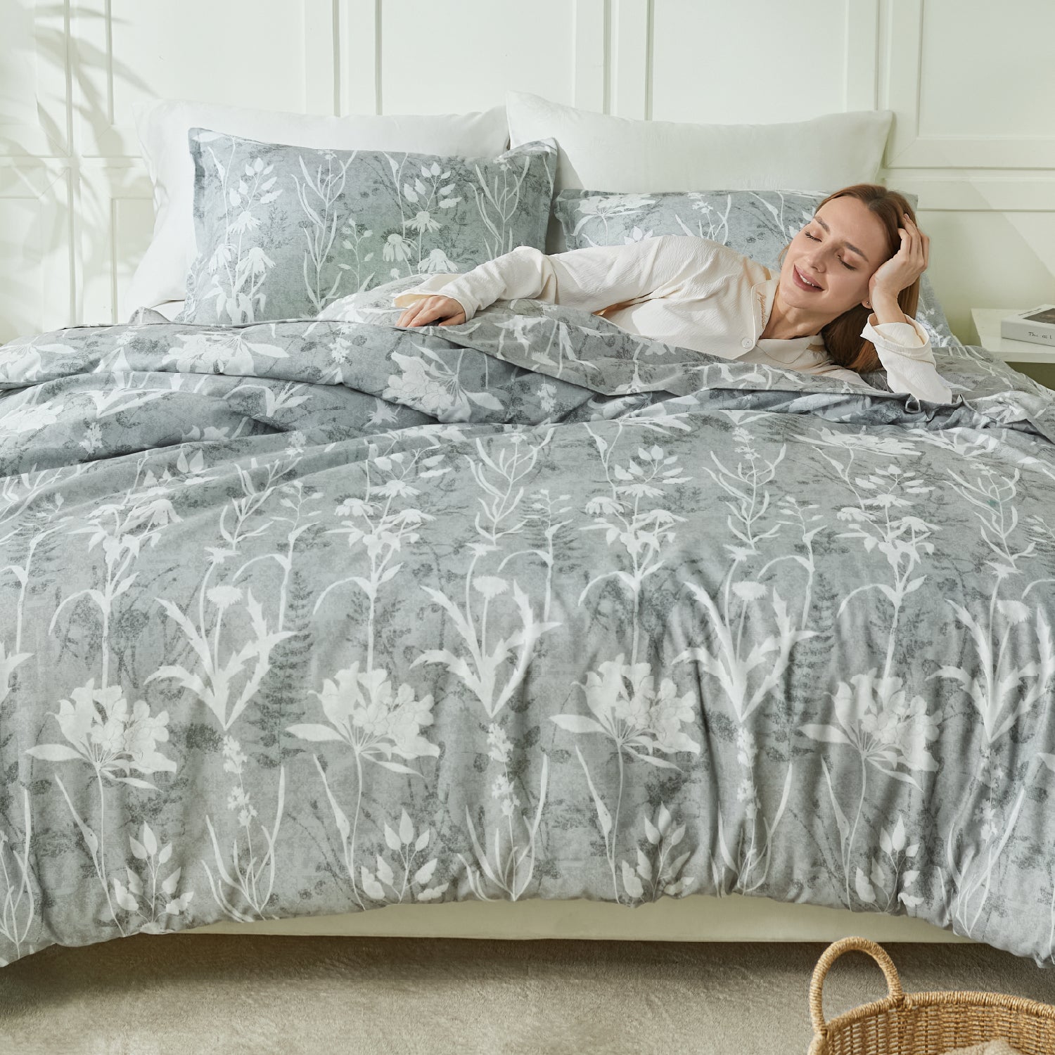 Botanical Floral 3-Piece Duvet Cover Set-Green & Grey