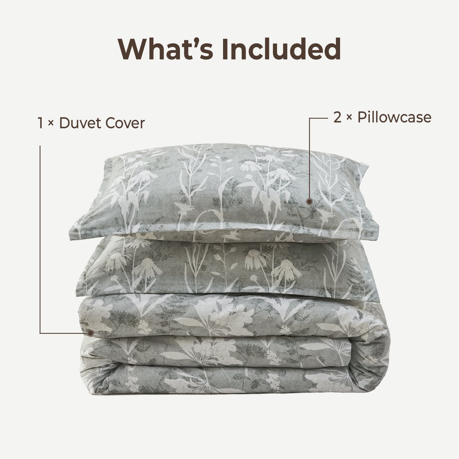 Botanical Floral 3-Piece Duvet Cover Set-Green & Grey