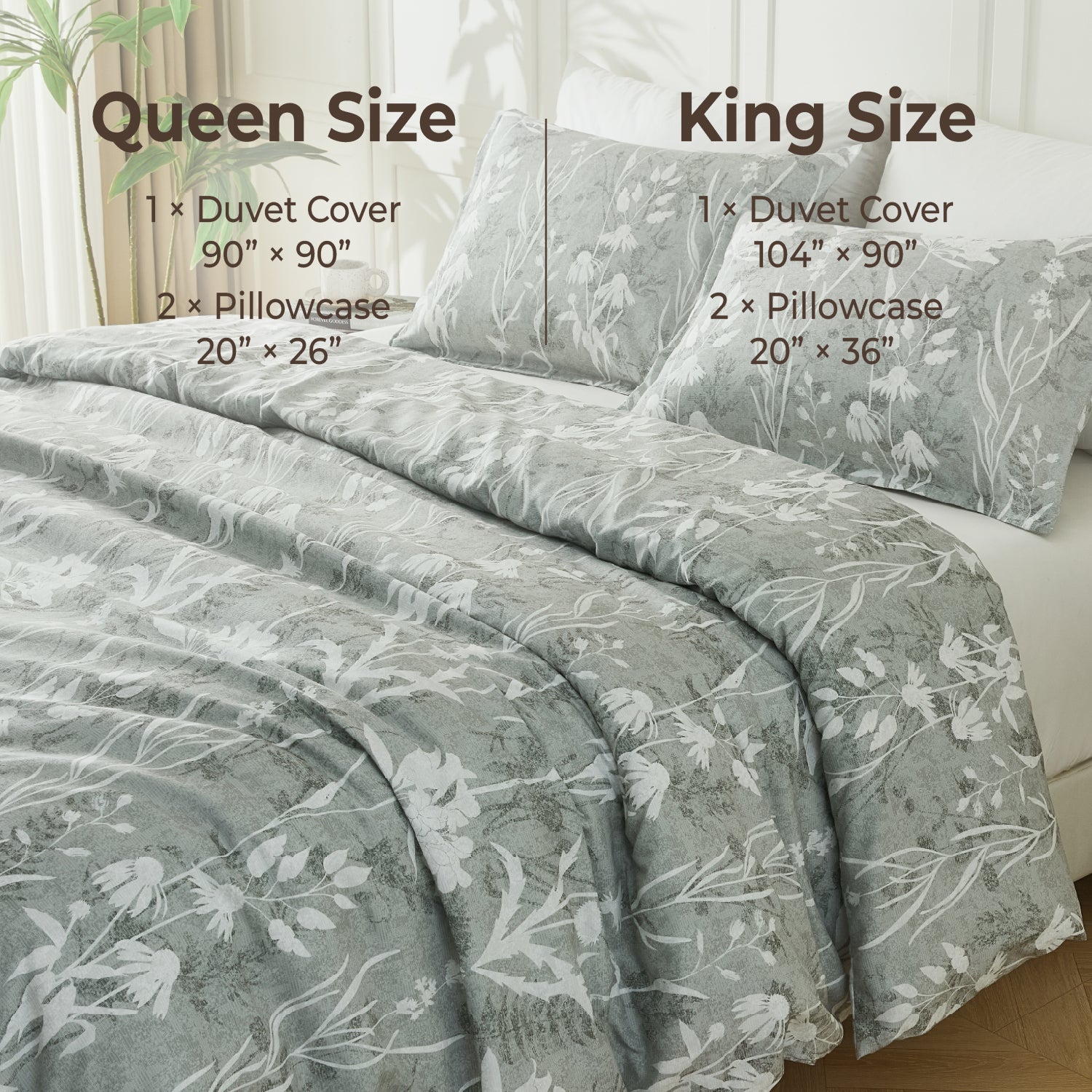 Botanical Floral 3-Piece Duvet Cover Set-Green & Grey