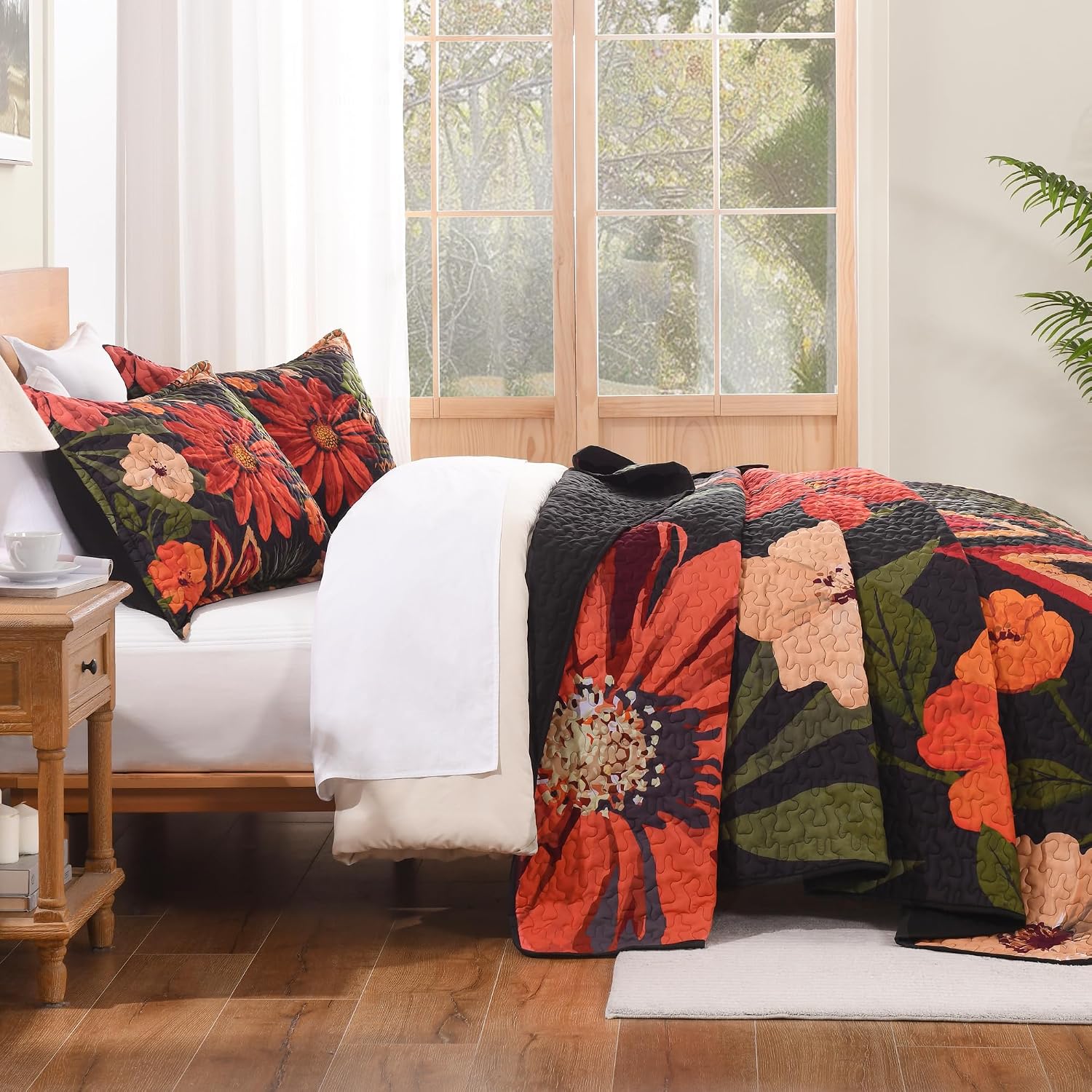 Quilt Queen Size, Black Floral Boho Summer Bedspread 3 Pieces | Brown Flower Botanical Summer Bedspreads with 2 Shams, Reversible Polyester Coverlet Set for All Seasons, 96"x90"