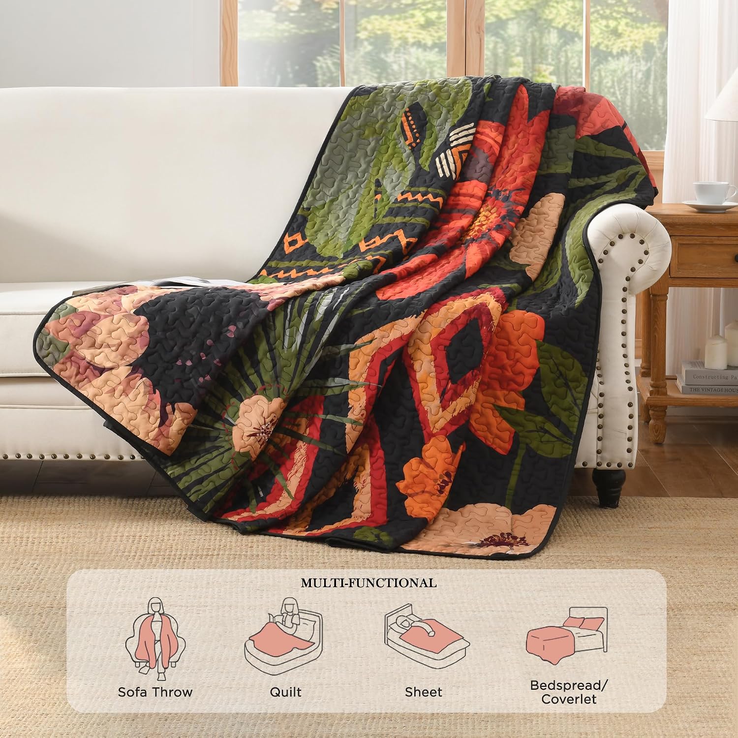 Quilt Queen Size, Black Floral Boho Summer Bedspread 3 Pieces | Brown Flower Botanical Summer Bedspreads with 2 Shams, Reversible Polyester Coverlet Set for All Seasons, 96"x90"