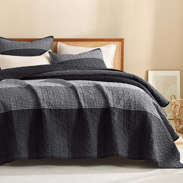 Litanika Stripe Patchwork Summer Bedspread Soft Lightweight Microfiber Coverlet 3 Pieces Quilt Set