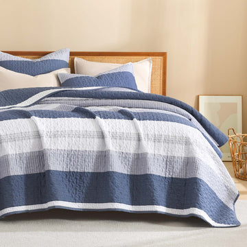 Litanika Stripe Patchwork Summer Bedspread Soft Lightweight Microfiber Coverlet 3 Pieces Quilt Set