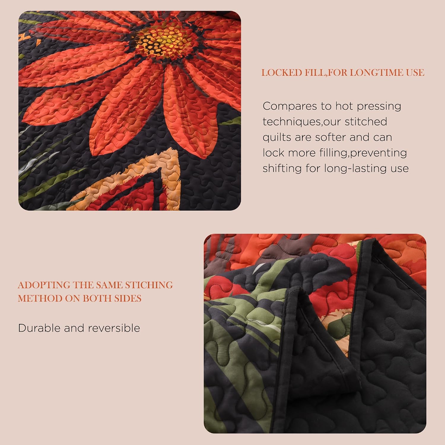 Quilt Queen Size, Black Floral Boho Summer Bedspread 3 Pieces | Brown Flower Botanical Summer Bedspreads with 2 Shams, Reversible Polyester Coverlet Set for All Seasons, 96"x90"