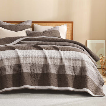 Stripe Patchwork Bedspread Soft Lightweight Microfiber Coverlet 3 Pieces Quilt Set