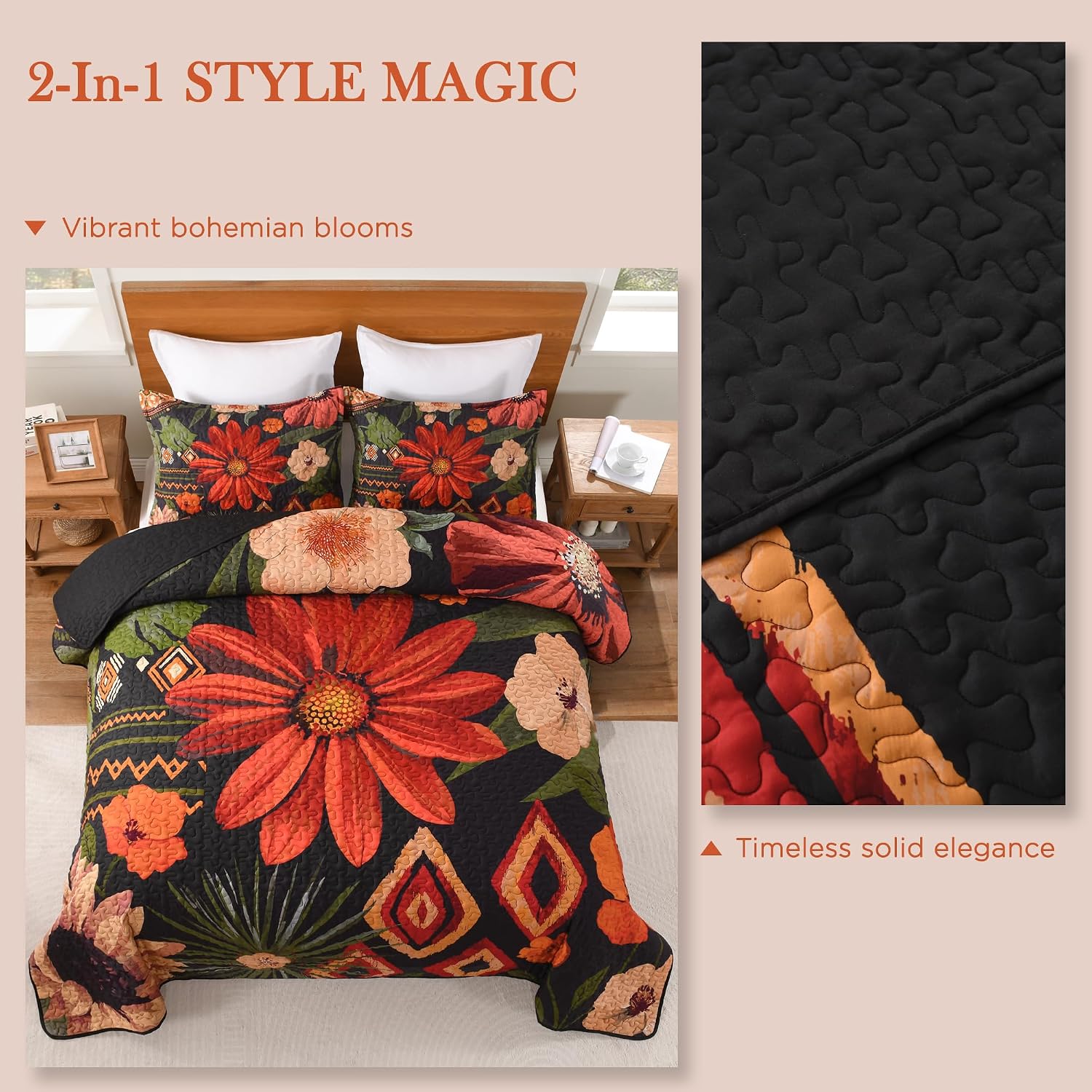 Quilt Queen Size, Black Floral Boho Summer Bedspread 3 Pieces | Brown Flower Botanical Summer Bedspreads with 2 Shams, Reversible Polyester Coverlet Set for All Seasons, 96"x90"