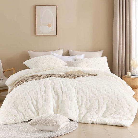 Litanika Checkered Plush Comforter 3 Piece Bedding Set, Fluffy Textured Bed Comforter with 2 Pillow Shams, All Season Warm Bedding for Bedroom