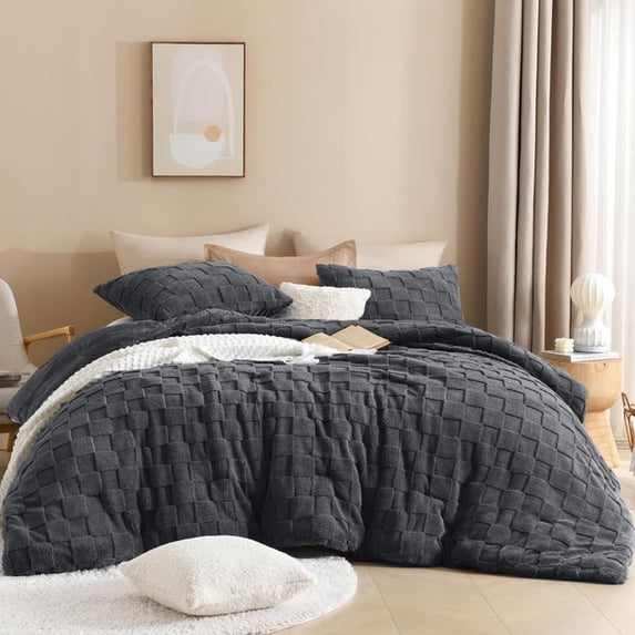 Litanika Checkered Plush Comforter 3 Piece Bedding Set, Fluffy Textured Bed Comforter with 2 Pillow Shams, All Season Warm Bedding for Bedroom