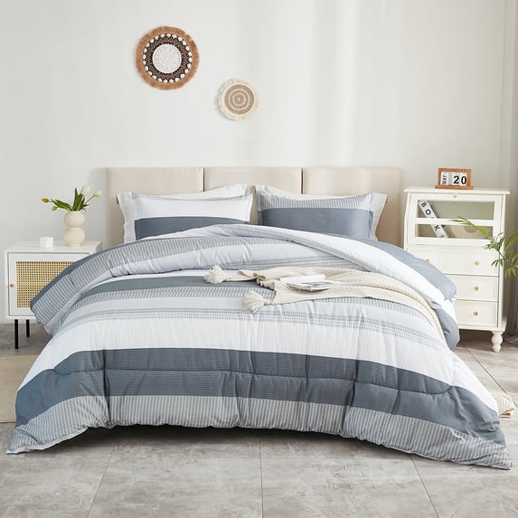 Litanika Modern Striped 3 Piece Bedding Set, Lightweight All Season Down Alternative Comforter Set with 2 Pillowcases for Bedroom Decor