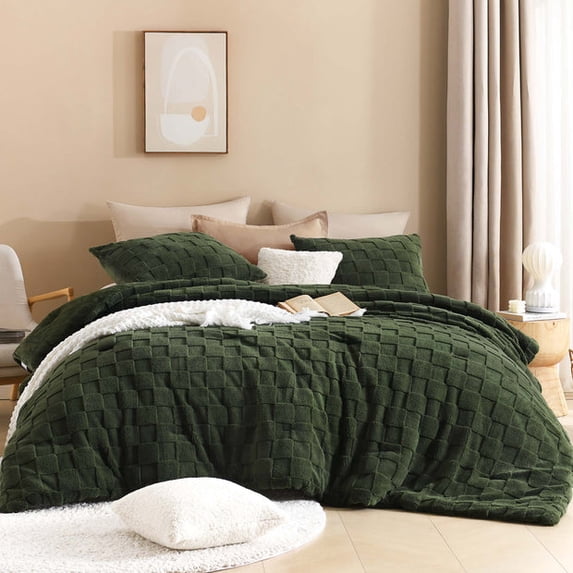 Litanika Checkered Plush Comforter 3 Piece Bedding Set, Fluffy Textured Bed Comforter with 2 Pillow Shams, All Season Warm Bedding for Bedroom