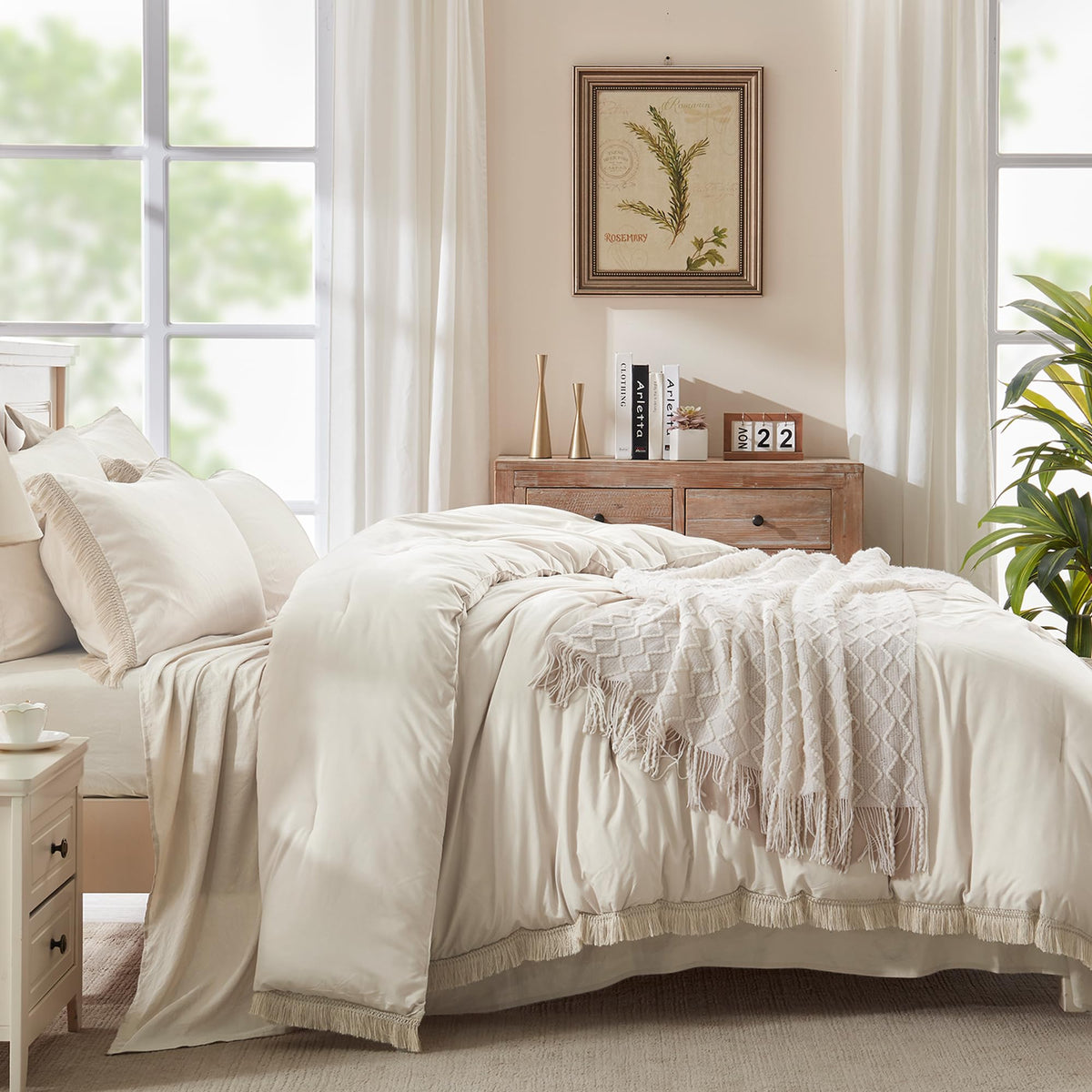 Andency Comforter Set - 7 Pieces Bed in a Bag Bedding Comforter Sets, All Season Soft Lightweight Boho Tassel Bed Set with Comforter, Sheets, Pillowcases & Shams - LITANIKA