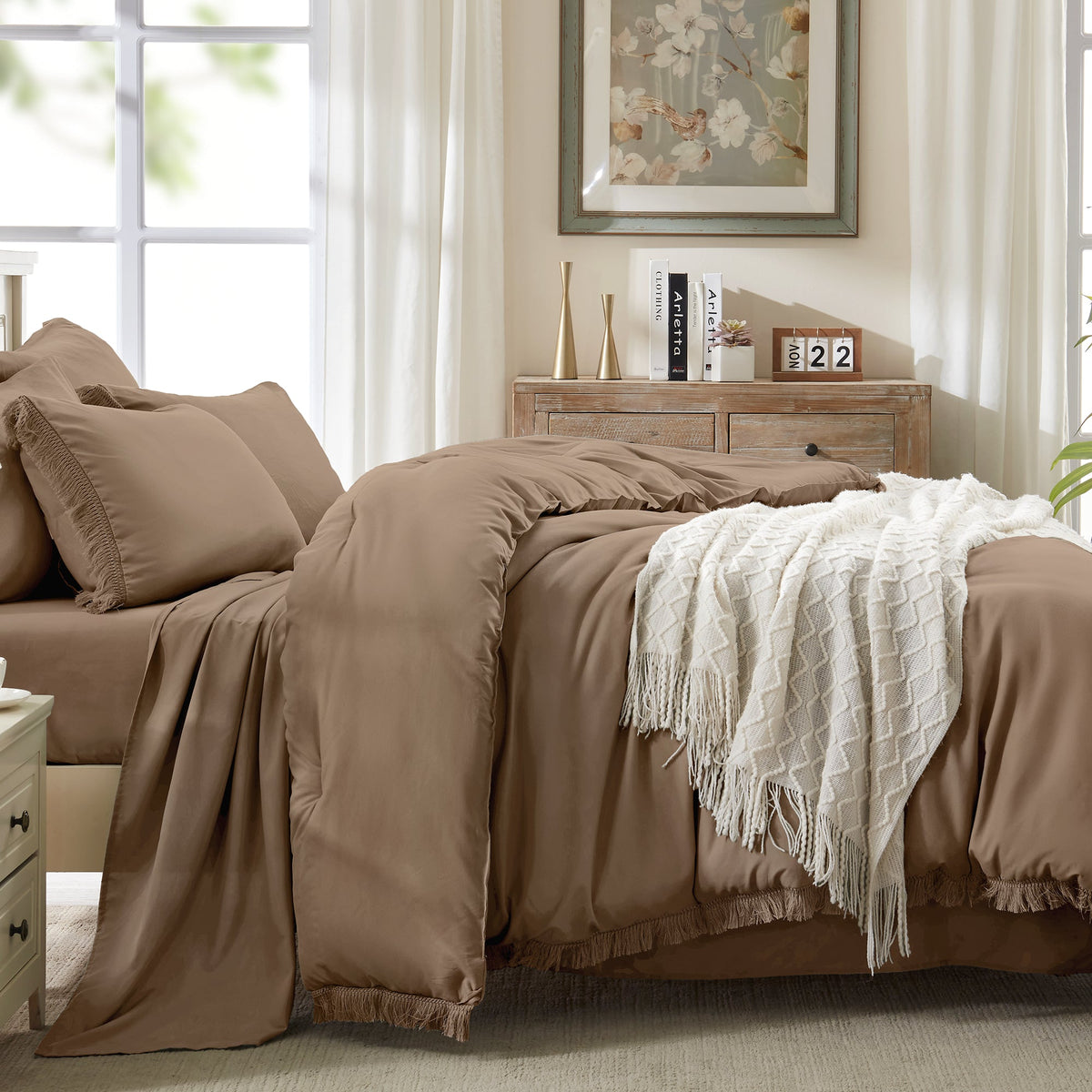 Andency Comforter Set - 7 Pieces Bed in a Bag Bedding Comforter Sets, All Season Soft Lightweight Boho Tassel Bed Set with Comforter, Sheets, Pillowcases & Shams - LITANIKA