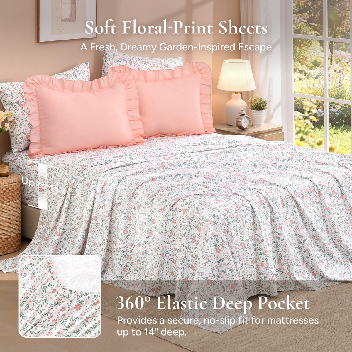 ANGENIA Comforter Set - 7 Pieces Ruffle Bedding Sets with Floral Sheets, Shabby Chic Farmhouse Bed in a Bag with Ruffle Comforter, Floral Sheets, Pillowcases & Shams - LITANIKA