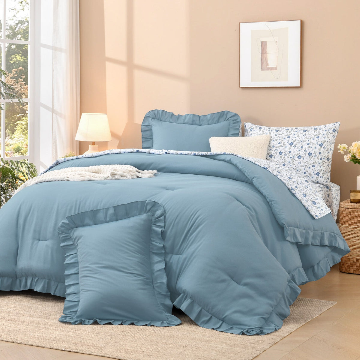ANGENIA Comforter Set - 7 Pieces Ruffle Bedding Sets with Floral Sheets, Shabby Chic Farmhouse Bed in a Bag with Ruffle Comforter, Floral Sheets, Pillowcases & Shams - LITANIKA