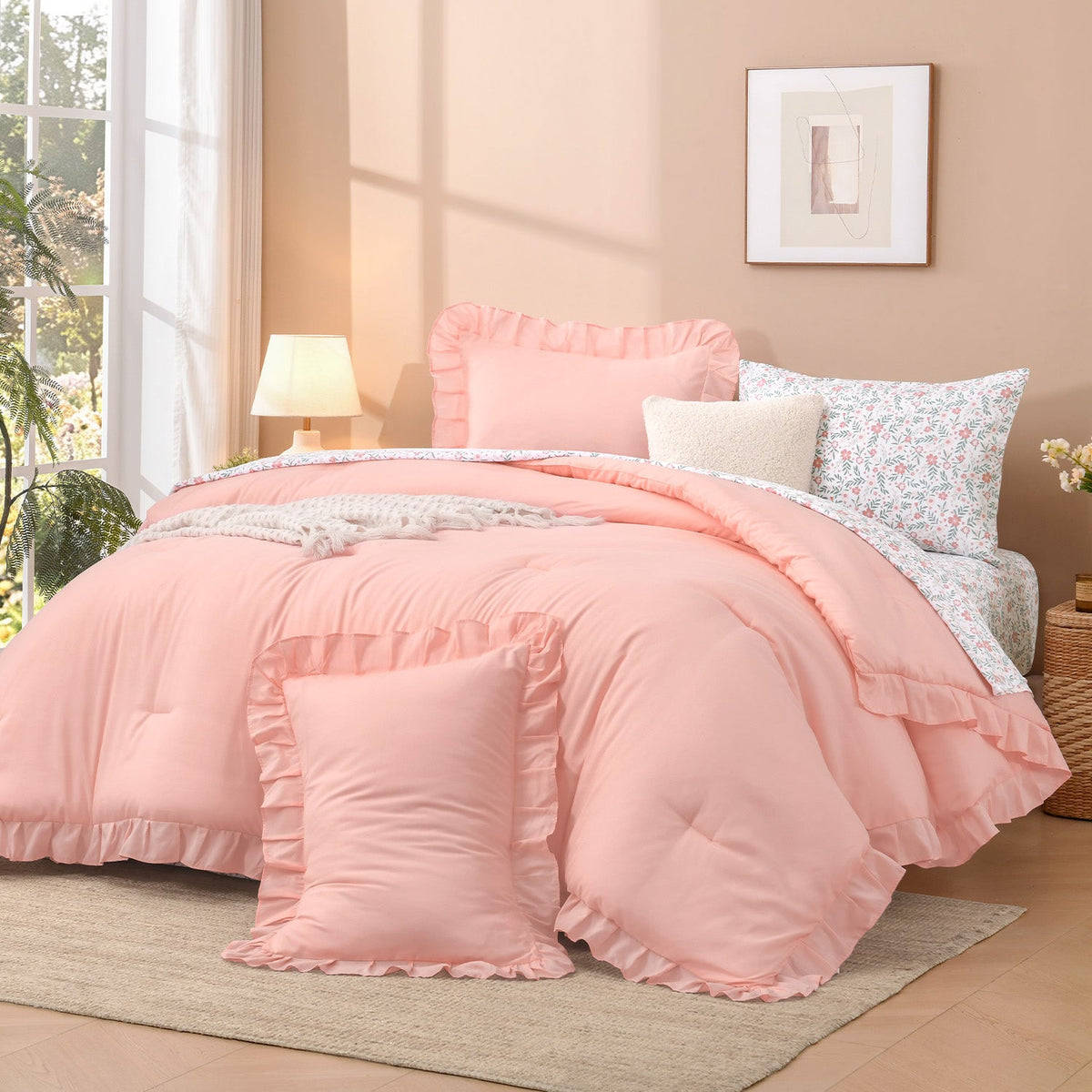 ANGENIA Comforter Set - 7 Pieces Ruffle Bedding Sets with Floral Sheets, Shabby Chic Farmhouse Bed in a Bag with Ruffle Comforter, Floral Sheets, Pillowcases & Shams - LITANIKA