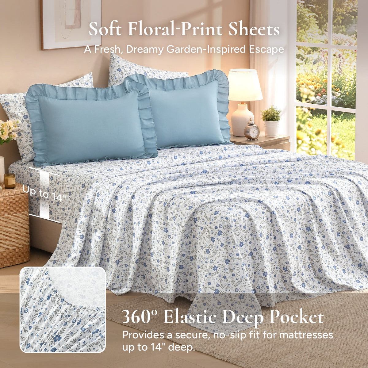 ANGENIA Comforter Set - 7 Pieces Ruffle Bedding Sets with Floral Sheets, Shabby Chic Farmhouse Bed in a Bag with Ruffle Comforter, Floral Sheets, Pillowcases & Shams - LITANIKA