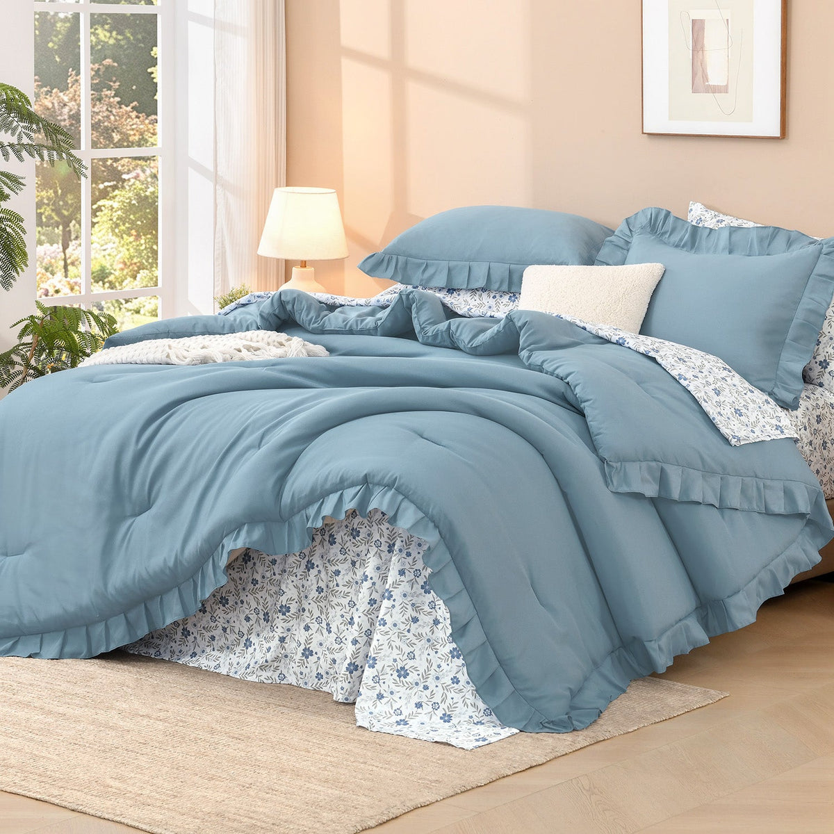 ANGENIA Comforter Set - 7 Pieces Ruffle Bedding Sets with Floral Sheets, Shabby Chic Farmhouse Bed in a Bag with Ruffle Comforter, Floral Sheets, Pillowcases & Shams - LITANIKA