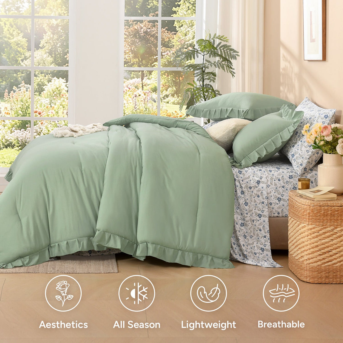 ANGENIA Comforter Set - 7 Pieces Ruffle Bedding Sets with Floral Sheets, Shabby Chic Farmhouse Bed in a Bag with Ruffle Comforter, Floral Sheets, Pillowcases & Shams - LITANIKA