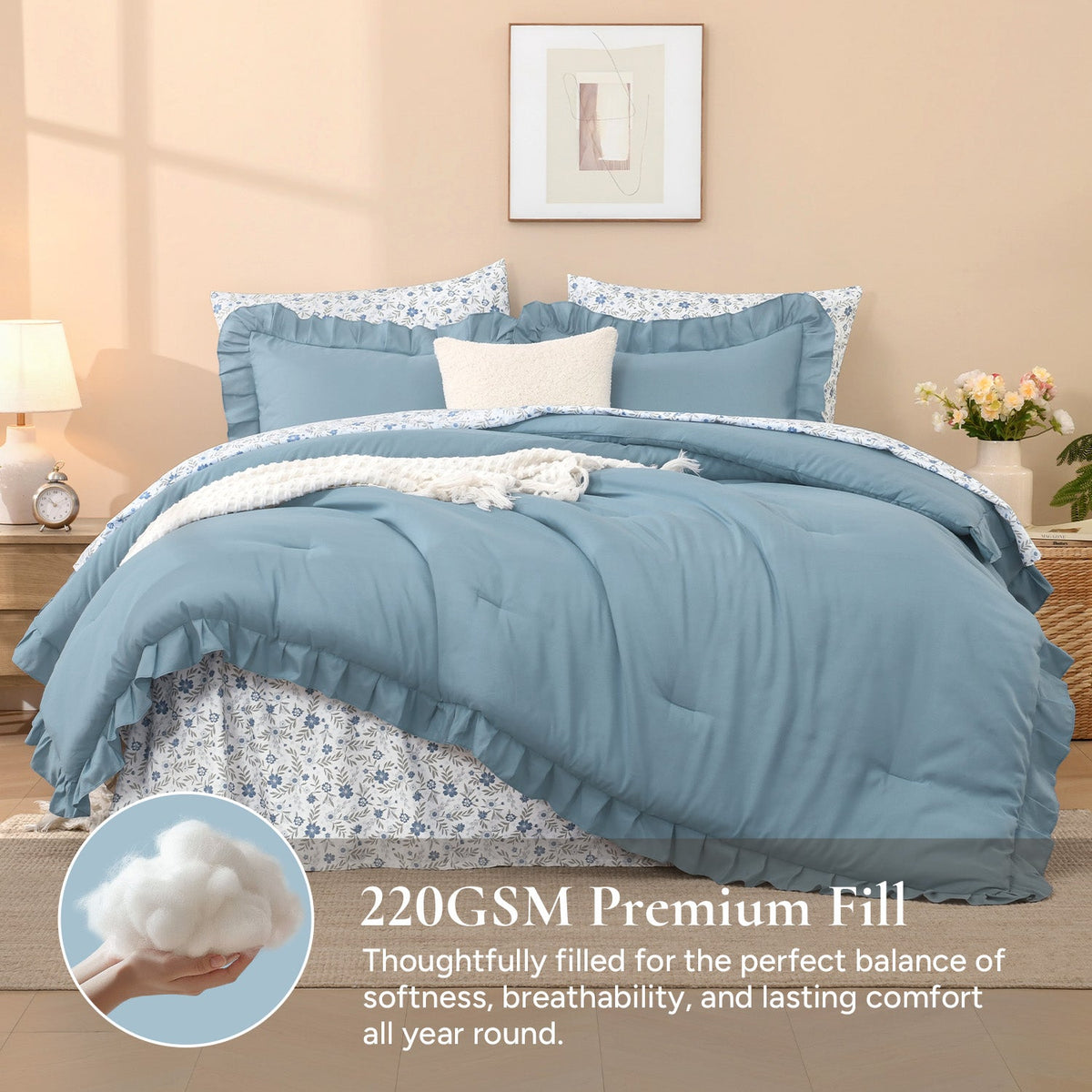 ANGENIA Comforter Set - 7 Pieces Ruffle Bedding Sets with Floral Sheets, Shabby Chic Farmhouse Bed in a Bag with Ruffle Comforter, Floral Sheets, Pillowcases & Shams - LITANIKA