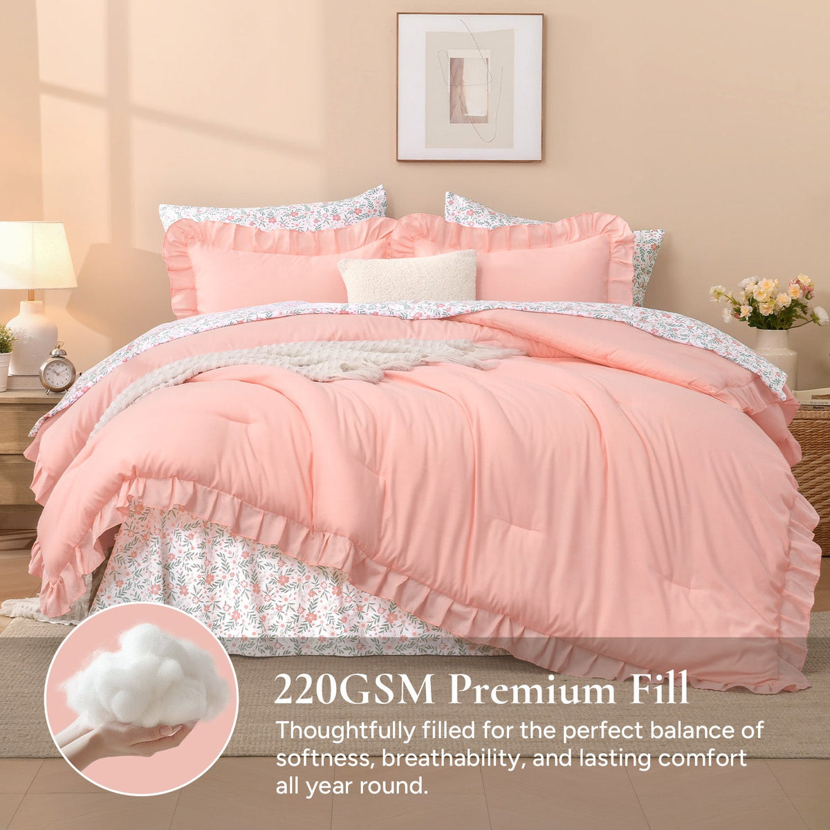 ANGENIA Comforter Set - 7 Pieces Ruffle Bedding Sets with Floral Sheets, Shabby Chic Farmhouse Bed in a Bag with Ruffle Comforter, Floral Sheets, Pillowcases & Shams - LITANIKA