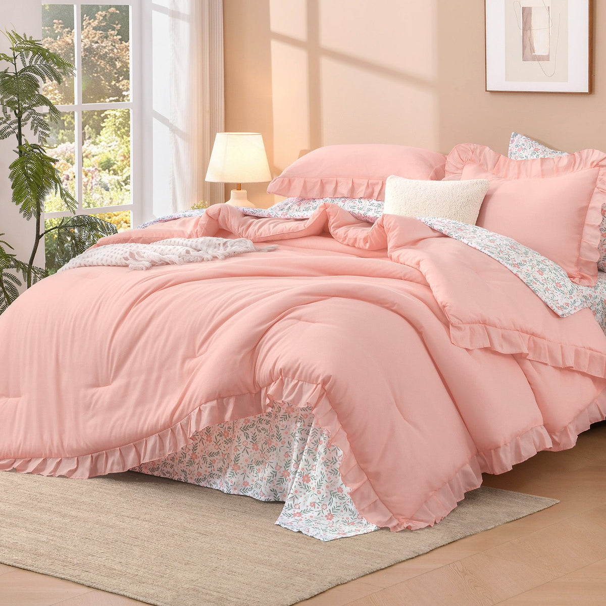 ANGENIA Comforter Set - 7 Pieces Ruffle Bedding Sets with Floral Sheets, Shabby Chic Farmhouse Bed in a Bag with Ruffle Comforter, Floral Sheets, Pillowcases & Shams - LITANIKA