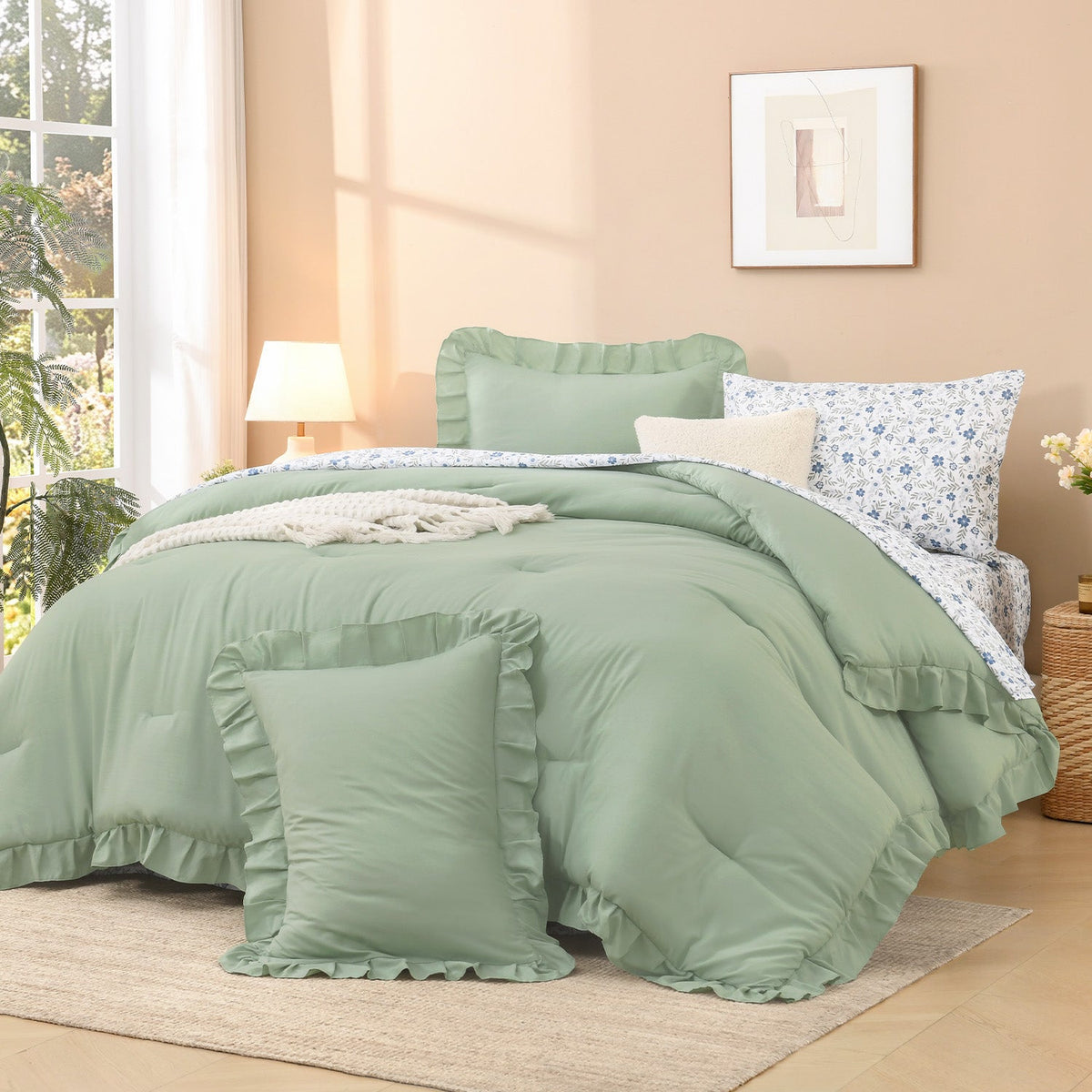 ANGENIA Comforter Set - 7 Pieces Ruffle Bedding Sets with Floral Sheets, Shabby Chic Farmhouse Bed in a Bag with Ruffle Comforter, Floral Sheets, Pillowcases & Shams - LITANIKA